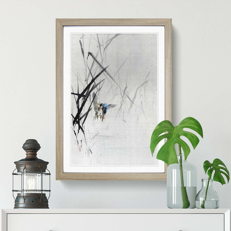 Bird Catching a Fish by Watanabe Seitei - Picture Frame Painting Print, Oak Framed, 65cm H x 48cm W x 2cm D