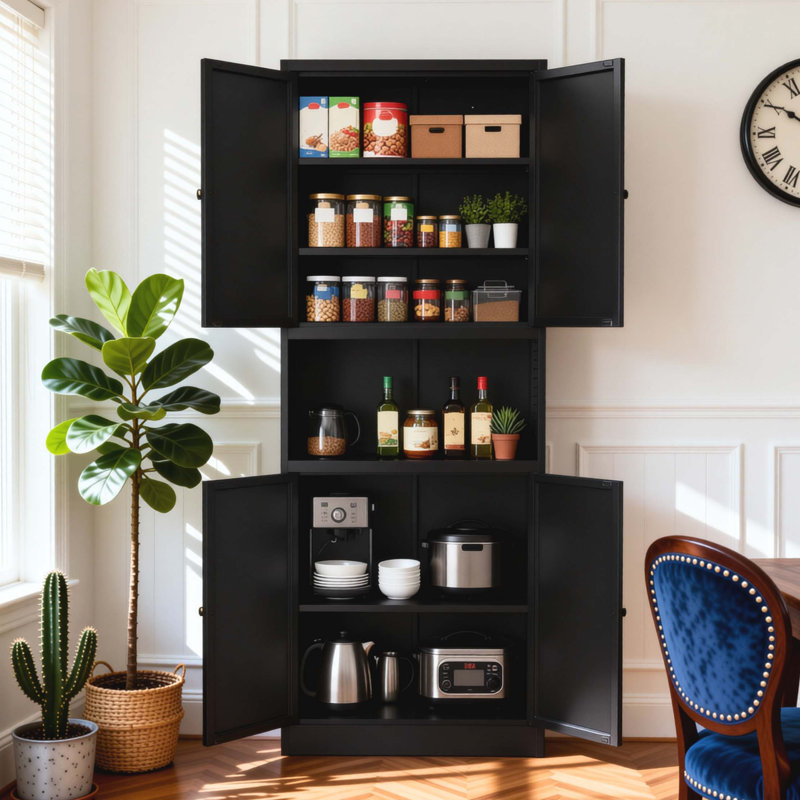 Armoire de rangement robuste avec tablettes réglables et comptoir, Black