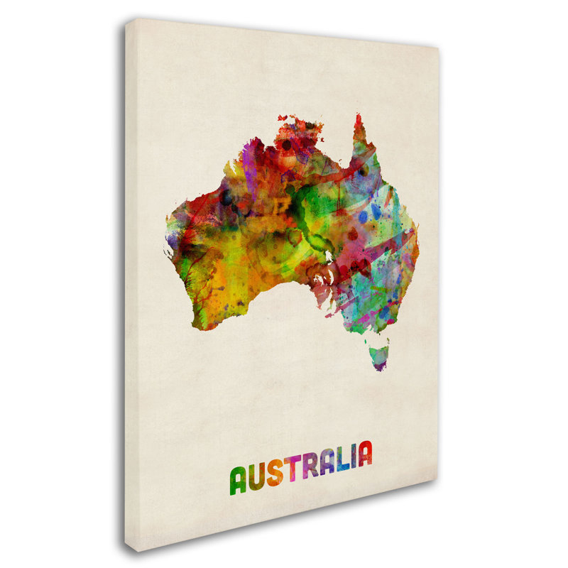 « australia aquarelle map » par michael tompsett, impression sur toile tendue, H 24 po x l 18 po x P 2 po