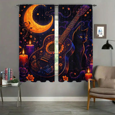 2Pcs Guitare artistique et rideaux de lune en forme de chat noir, rideaux fantaisistes de nuit céleste avec passe-tringle pour salon, chambre, cuisine, décoration