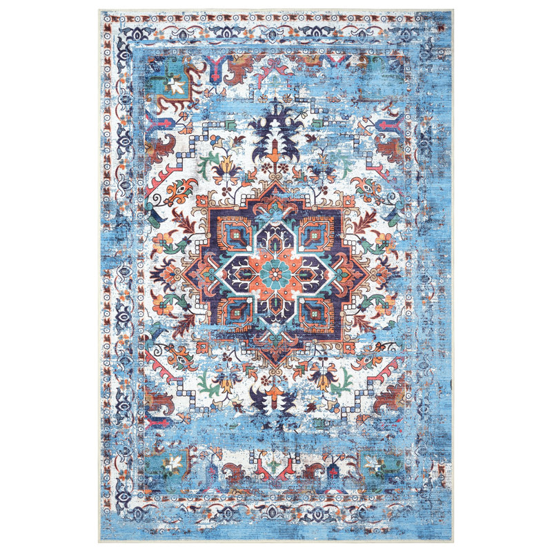 GLN Traditional Collection - Machine Washable Area Rug, Non Slip, Low Pile Chenille Living Room, Bedroom, Kitchen Rug (Blue)