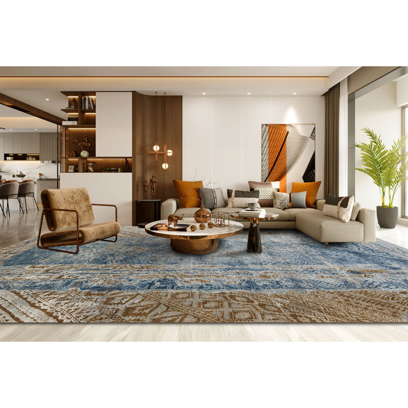 Epic Hand Knotted Abstract Area Rug in Blue/Brown/Ivory