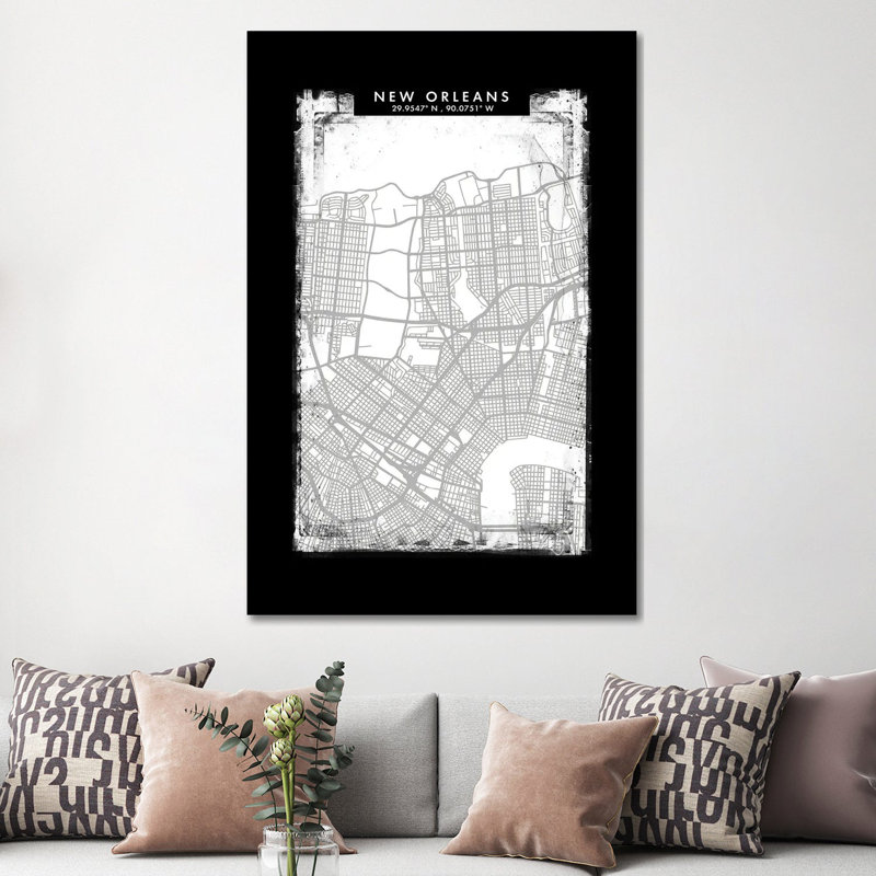 New Orleans City Map Black White Grey Style 1 Piece Wall Art on Canvas, 152.5 cm H x 101.5 cm W x 3.175 cm D, Wrapped Canvas