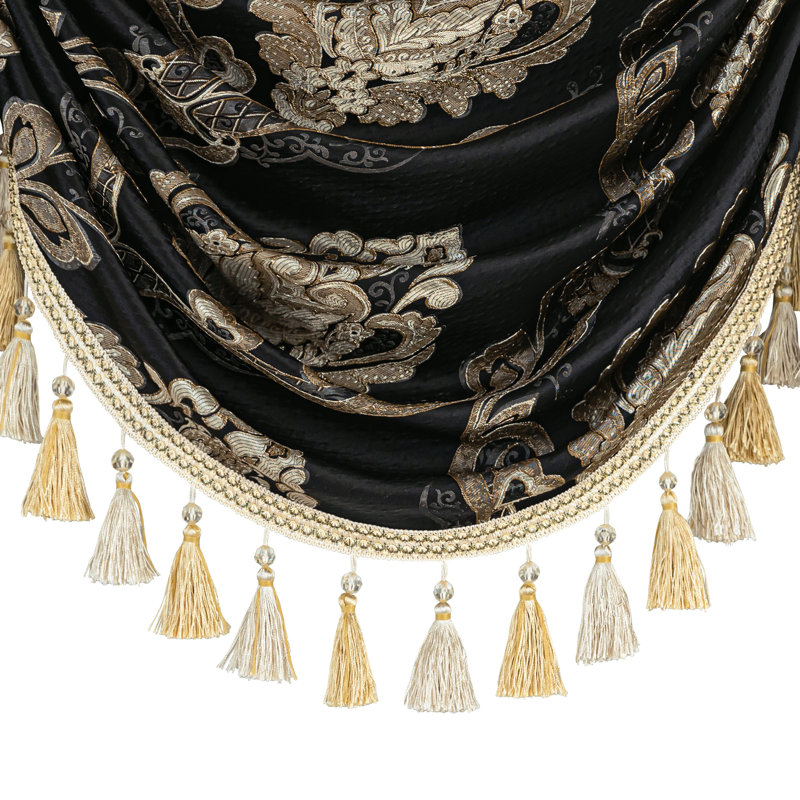 Cantonnière à feston classique avec pampilles, cantonnière en jacquard noir, habillage de fenêtre 39 po 1 panneau