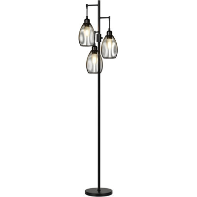 Dimmable Floor Lamp, 3 X 800LM LED Edison Bulbs Included, Farmhouse Industrial Floor Lamp Standing Tree Lamp With Elegant Teardrop Cage Tall Lamps For Living Room Bedroom Office Dining Room-Black