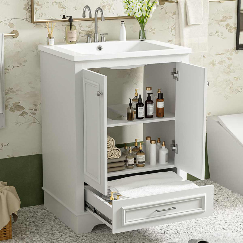 Meuble-lavabo moderne autoportant de 24 po avec porte en céramique et portes à fermeture douce Modern, Blanc