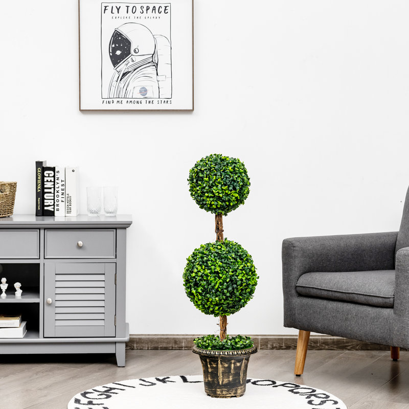 36'' Green Plastic Double Ball Topiary in Cement Pot