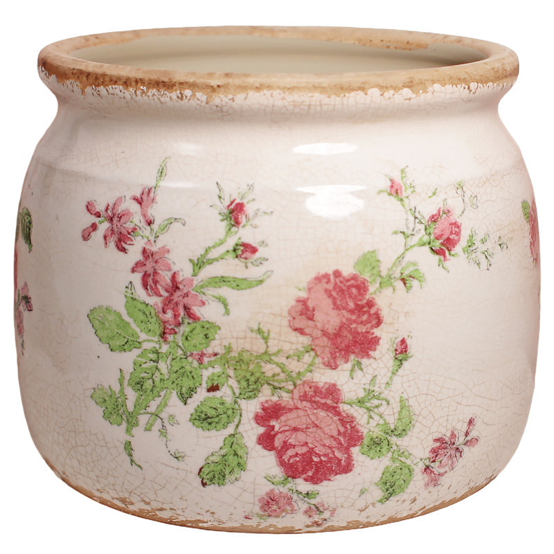 Adairsville Shabby Chic French Country Ceramic Planter, Vase & Flower Pot with Pink Floral for Indoor Plants & Home Garden Decor