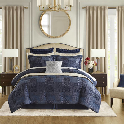 Édredon grand bleu marine 4 pièces avec durabilité améliorée 2022. -, fermeture à glissière cachée sur les taies décoratives. L 92 po x L 96 po, taies décoratives l 20 po x L 26 po + P 2 po, l 60 po x L 80 po + P 15 po Chenille avant, arrière s