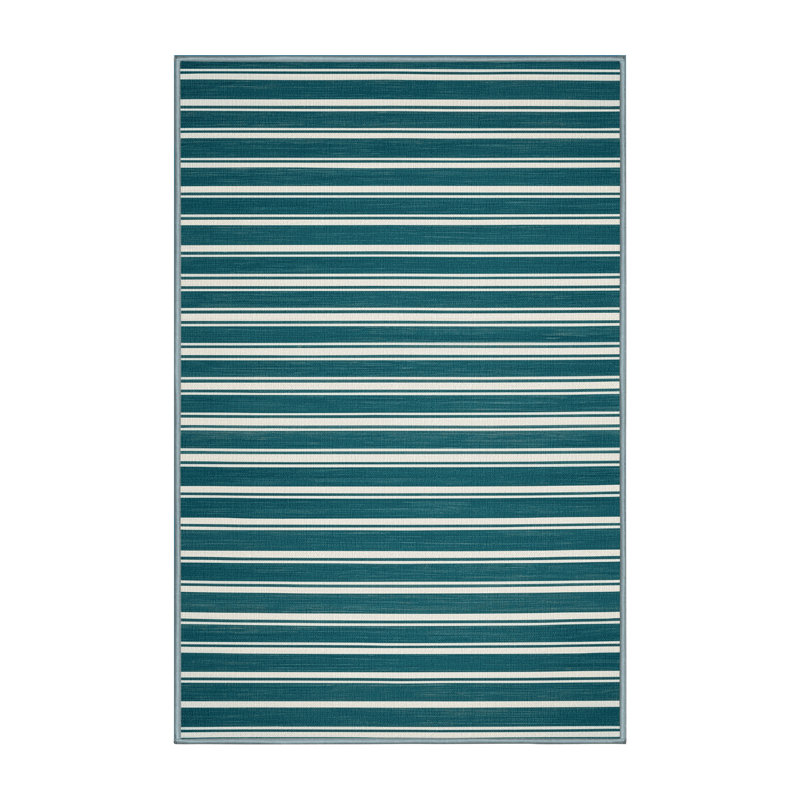 Tapis bleu à rayures horizontales lavable à la machine, Rectangle 7 pi x 9 pi