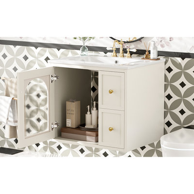 Meuble-lavabo 24 po: fixé au mur pour les petits espaces, lavabo en céramique, 1 porte à fermeture douce, 2 tiroirs profonds, peu encombrant, installation rapide, trop-plein Modern Decor 2, rangement pour porte en verre, assemblage, look