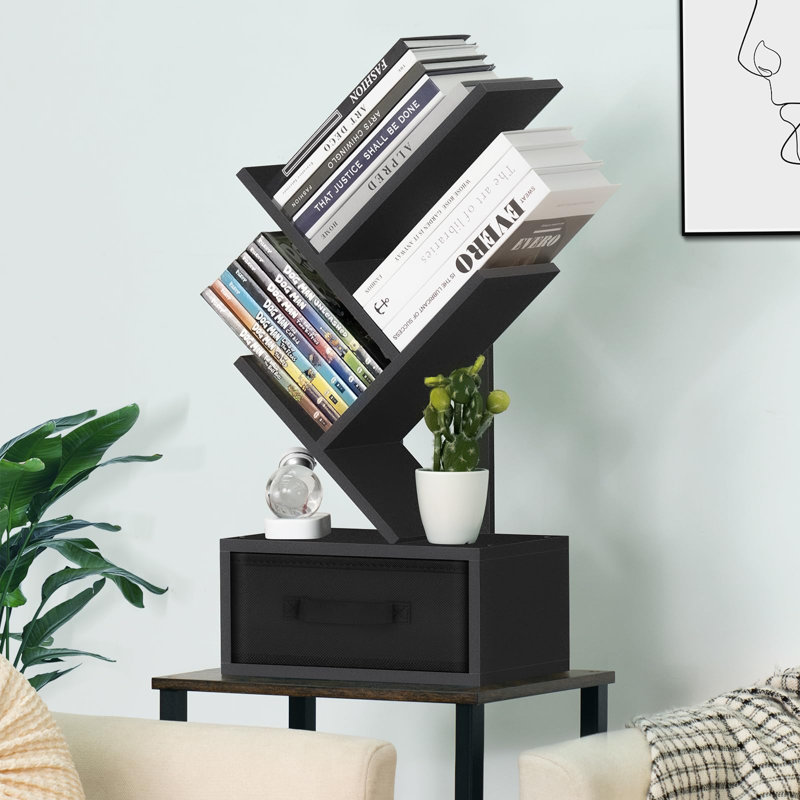 Bibliothèque Tree avec tiroir, bibliothèque en bois d'ingénierie à 4 niveaux, tablette de rangement peu encombrante pour la chambre à coucher, le salon et le bureau personnel