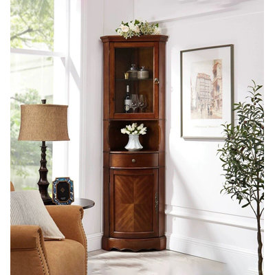 Vitrine de coin traditionnelle en bois massif avec porte en verre et tiroir