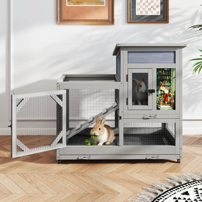 2-tier Wooden Rabbit Hutch Weather Resistant With 4 Casters, No-Spill Design, 2 Wire Floors 