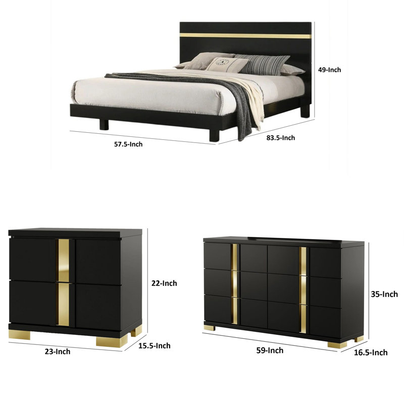 Ensemble de chambre à coucher double, noir et or, ensemble de 3 pièces avec commode et table de chevet, Black, Gold