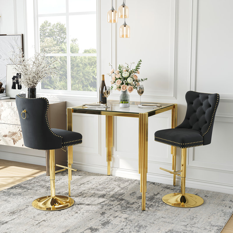 2-Person Square Glass Bar Table Set – 37" Tempered Glass Counter-Height Dining Table With Velvet Swivel Tufted Bar Stools, Modern Kitchen & Home Bar