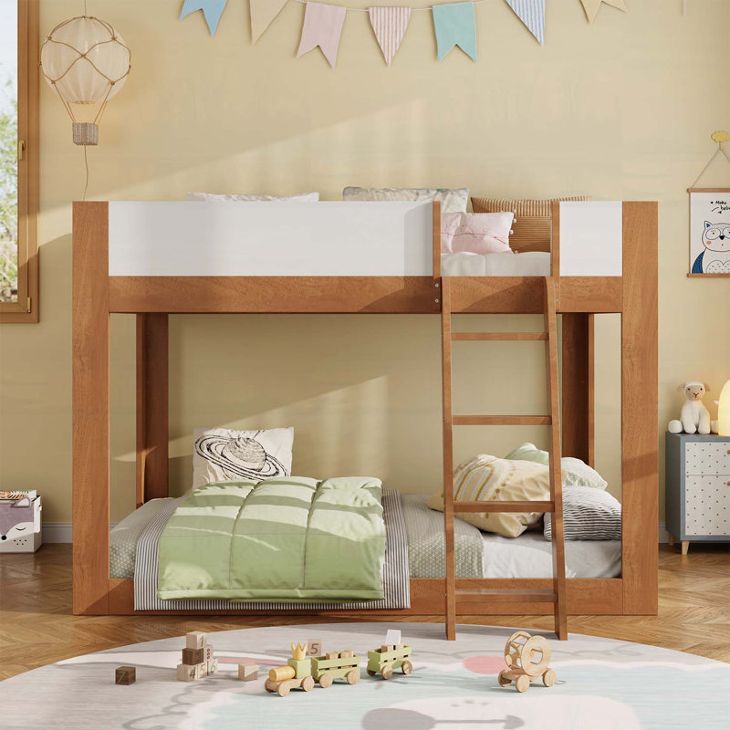Lit double superposé double pleine grandeur, convertible en bois avec échelle réversible et garde-corps de sécurité, noyer et blanc