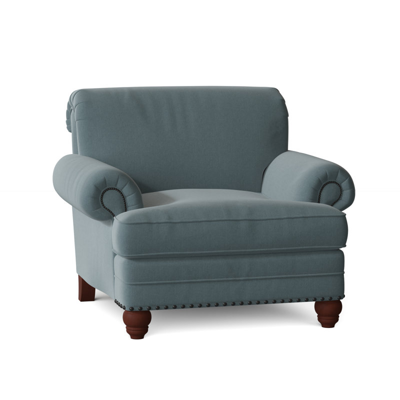 Fauteuil Ballester, Sergé performance bleu Peyton 22, Pécan, Laiton foncé