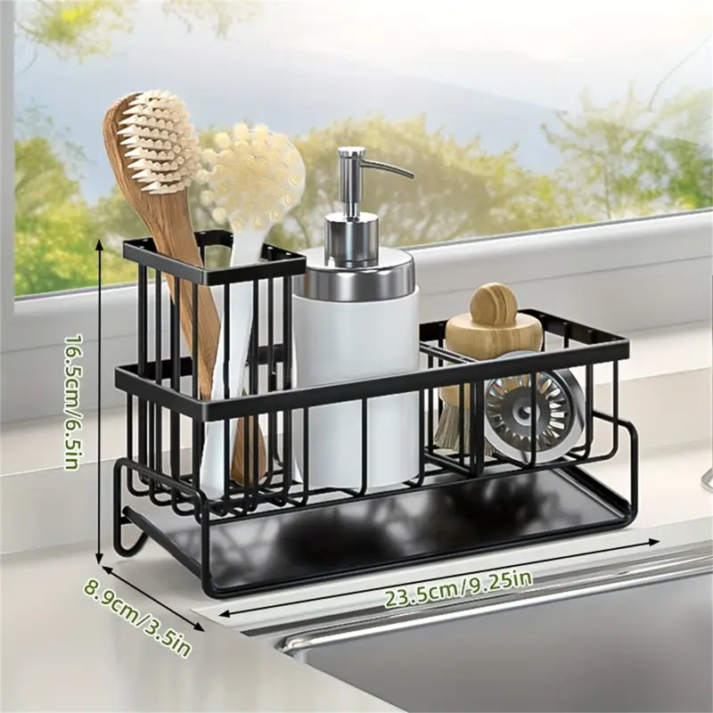Évier de cuisine en métal de grande capacité - Support éponge 1 pièce avec plateau de drainage automatique et porte-brosse - Rangement pour distributeur de savon à vaisselle, accessoires de cuisine, articles essentiels pour la maison