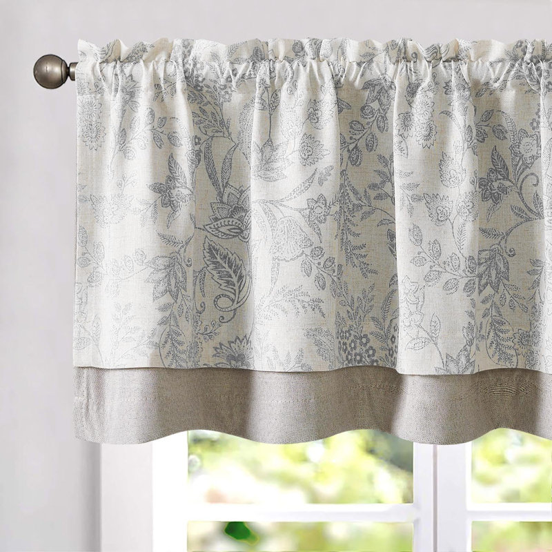 Linen Floral Valance Curtain Farmhouse Double Layer Valance, Gray, 50" W x 16" L