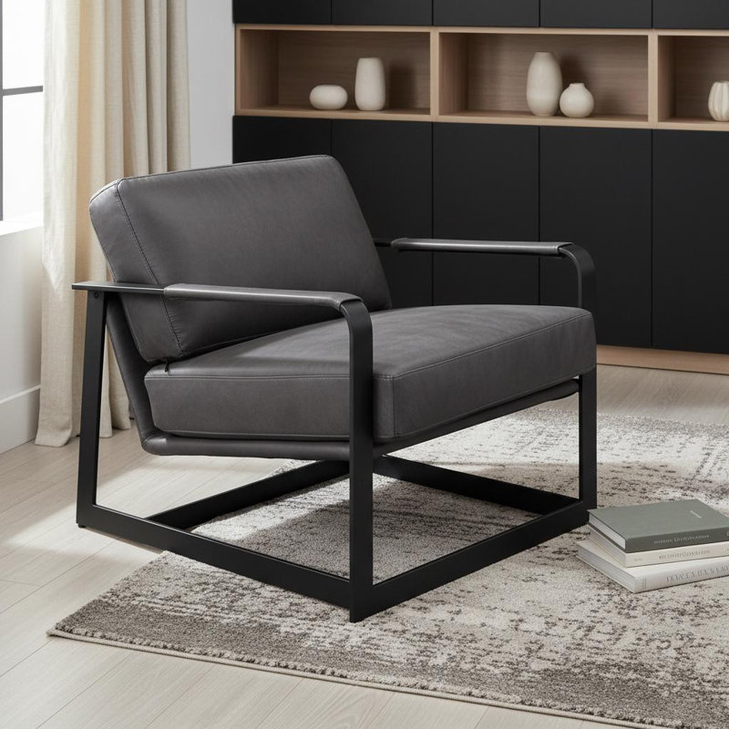  Fauteuil gris en cuir fleur avec accents bleu acier