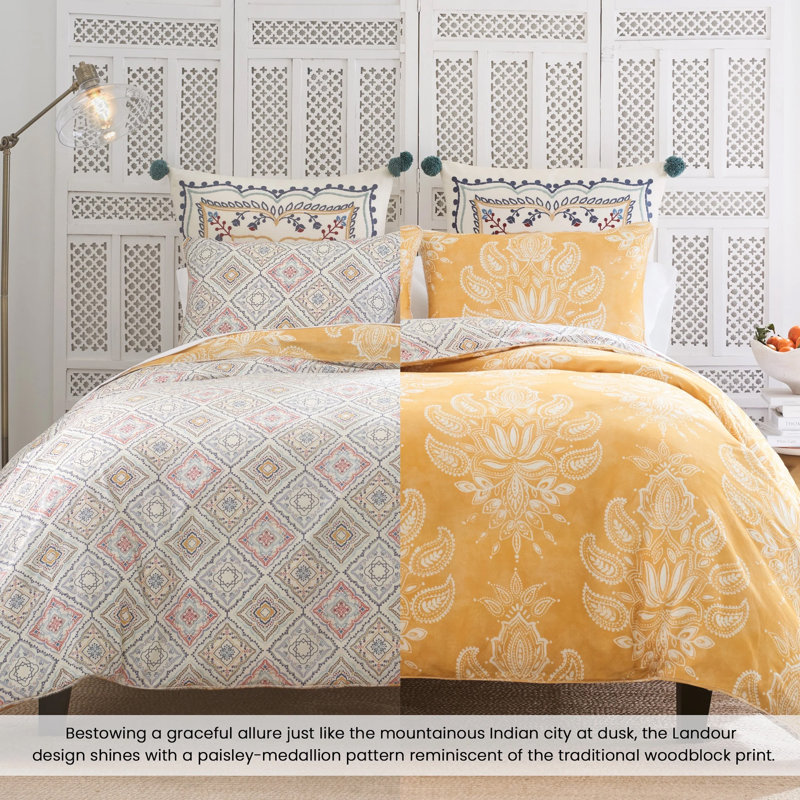 Ensemble d'édredon réversible à tissage traditionnel percale - Landour, Édredon double / grand + 2 taies décoratives sta