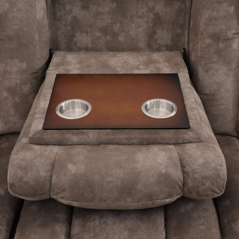 Canapé inclinable manuel Camillo de 212 cm de large, recouvert d'un tissu haut de gamme marron calicot hollandais, avec tablette rabattable et porte-gobelets.