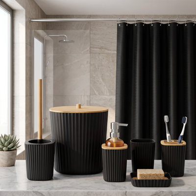 Black Bathroom Combo Kit, Bath Curtain Bundle with Matching Bathroom Accessories