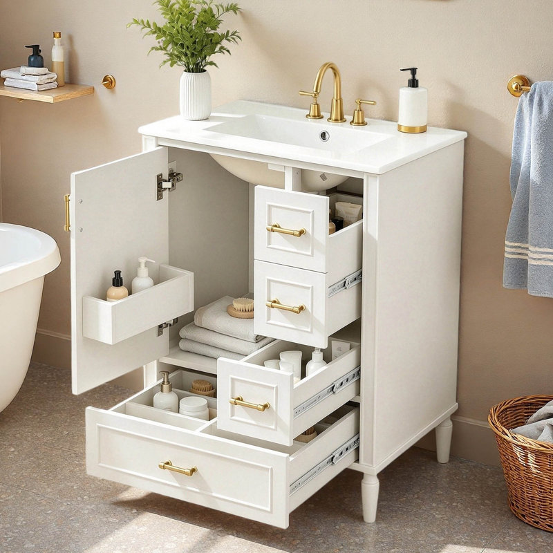 Meuble-lavabo simple autoportant de 61 cm (24 po) avec dessus en céramique, Blanc