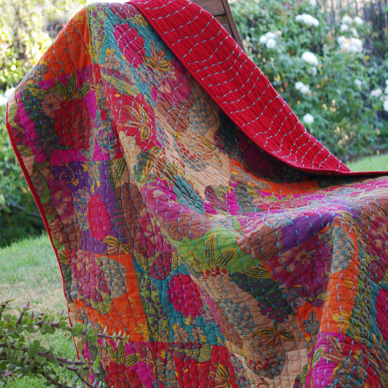 Jewel Tone Floral Cotton Quilted Throw Blanket