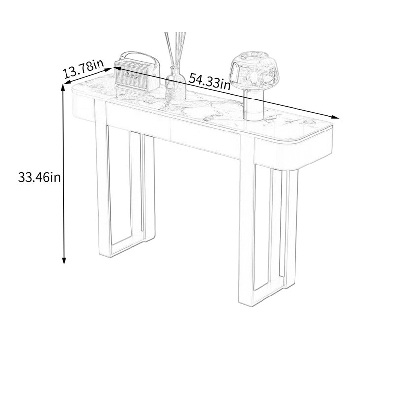 Console en pierre avec base en acier inoxydable, H 33,46 po x l 54,33 po x P 13,78 po, Doré, Brun / Blanc