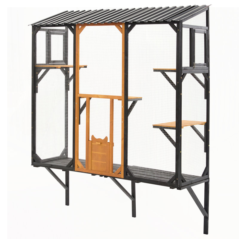 Enceinte d'extérieur Catio avec toit, grand parc pour chat en bois avec plateformes, Noir / brun