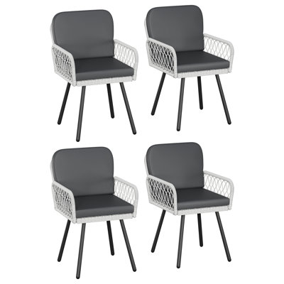 Ensemble de 4 chaises de salle à manger modernes pour intérieur/extérieur, chaises de patio avec structure en métal noir et rotin blanc tressé à la main, accoudoirs et coussin pour porche, jardin, balcon, terrasse ou cour