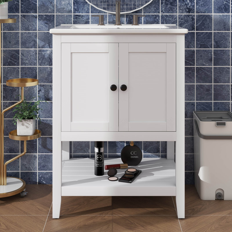 Meuble-lavabo 24 po avec lavabo en céramique, armoire avec tablette réglable et espace de rangement ouvert
