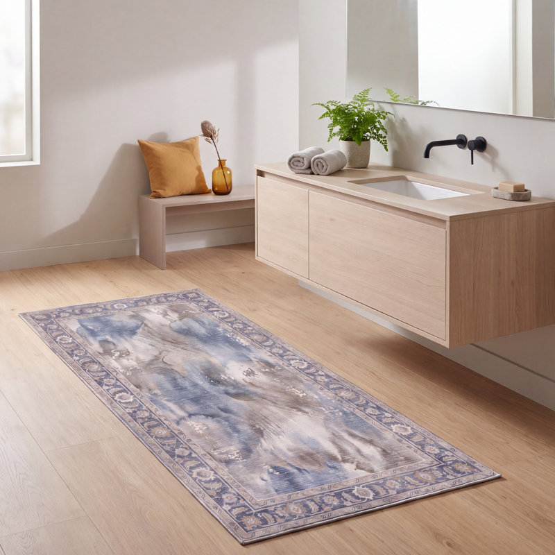 Tapis Prairie moderne à poils courts, style aquarelle abstraite, bleu, gris, or, crème, ivoire, lavable à la machine, antidérapant, pour l'intérieur et l'extérieur, adapté aux animaux domestiques, idéal pour le salon, la chambre, la salle à manger, l'entrée, le couloir ou le bureau.