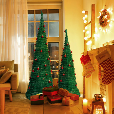 2 Pack 6FT 5FT Artificial Pop Up Christmas Tree With Red Ball Ornaments