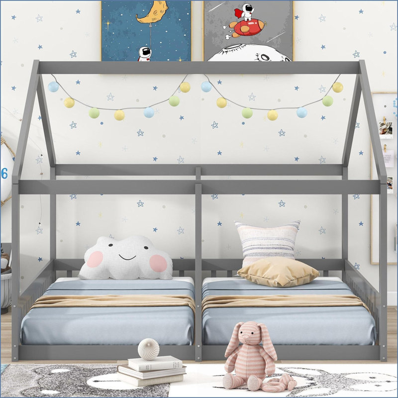 Twin Twin Size Pine Wood + MDF Platform Bed Frame No Box Spring Gray House Shape for Family, Gray
