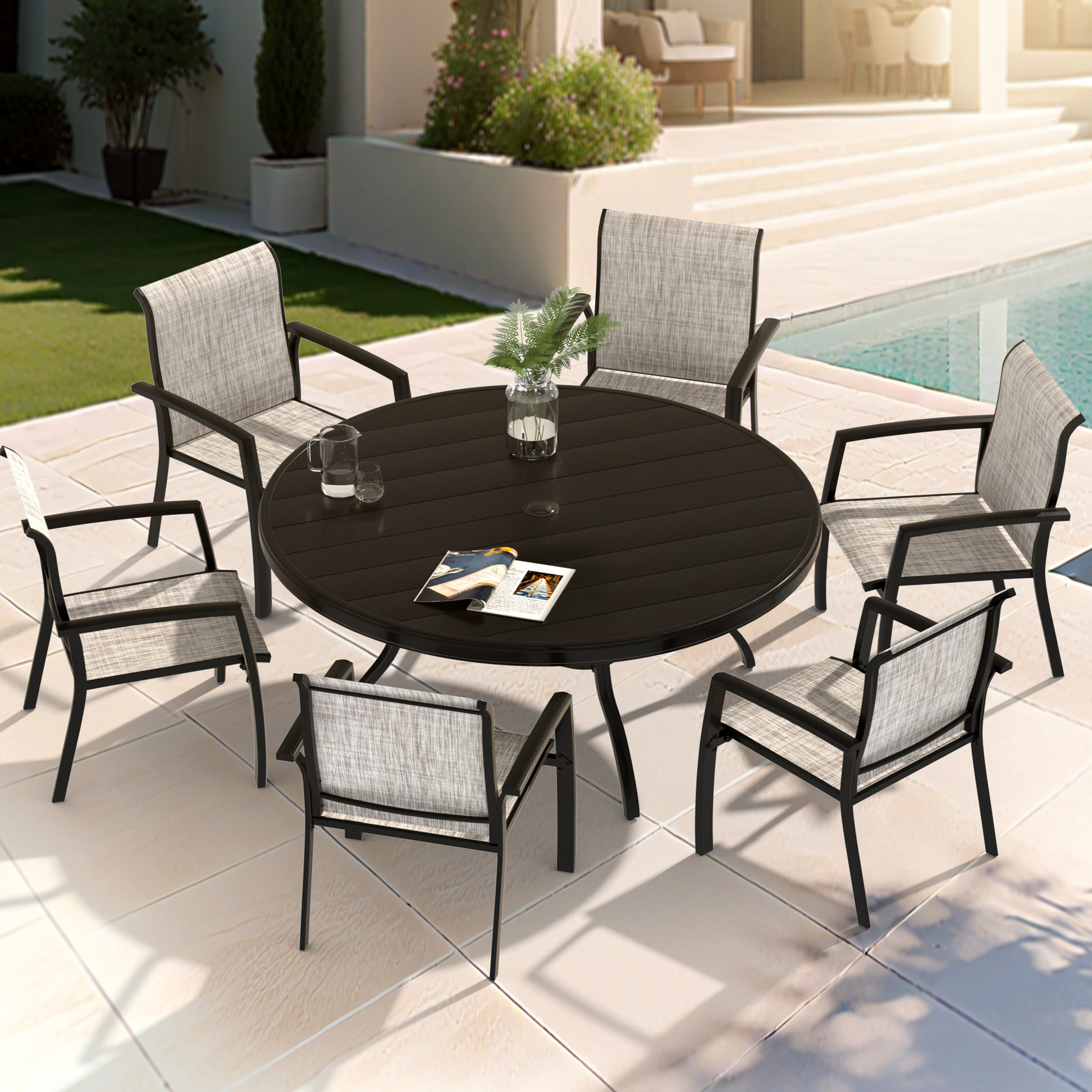 Lark Manor Outdoor Round Patio Table For 6 - 7, All Weather Metal ...