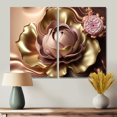 Rétro, rétro, abstrait, fleurs roses et dorées I - Art mural traditionnel