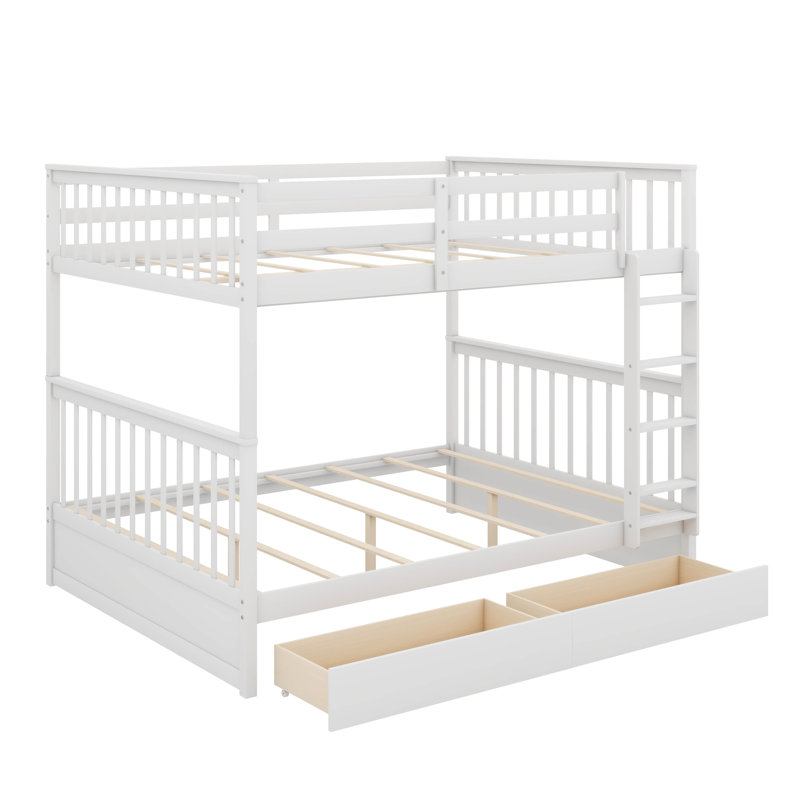 Bunk Beds With 2 Storage Drawers, Solid Wood Bunk Bed With Ladder And Safety Guardrail, Convertible Bunk Beds, Full Over Full