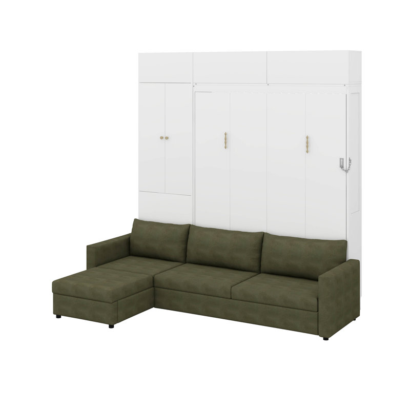 Grand lit escamotable avec canapé et tablettes, Blanc / vert