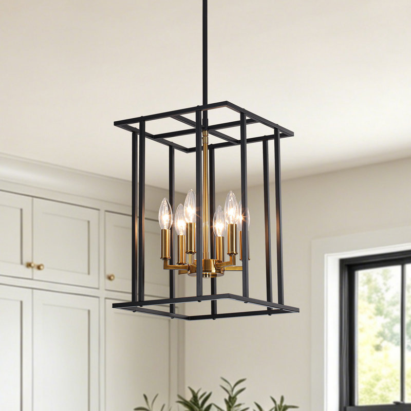 6 - Light Dimmable Lantern Rectangle Chandelier, Gold