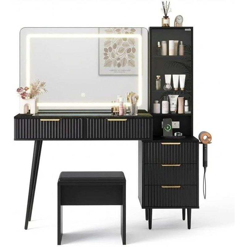 Table de coiffeuse moderne avec miroir et lumières DEL, panneau de particules, Noir