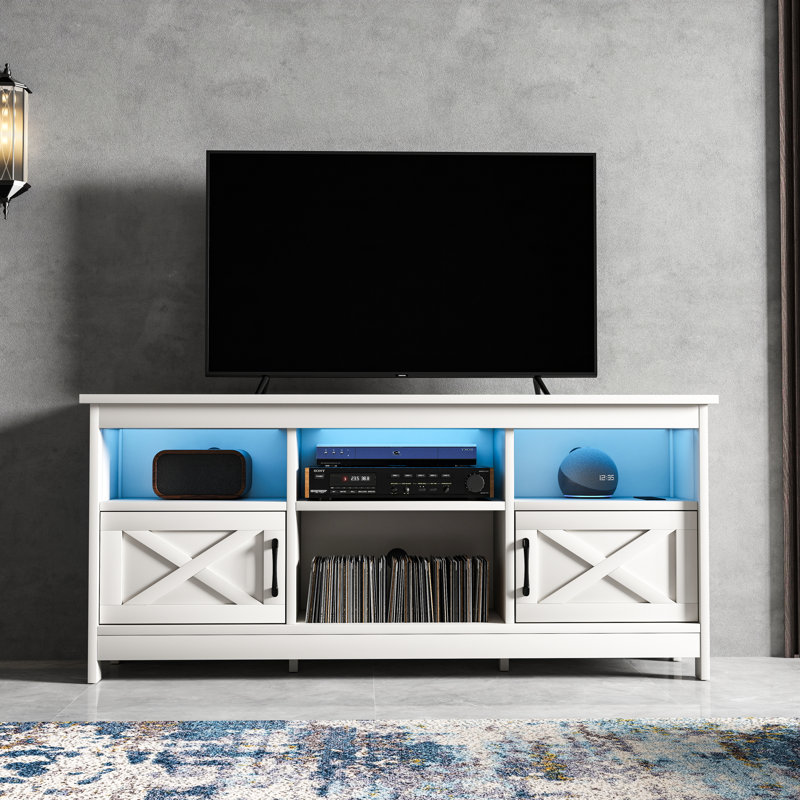 Mercato Modern Farmhouse TV Stand Media Console Media Center with LED Light and Charging Station, White