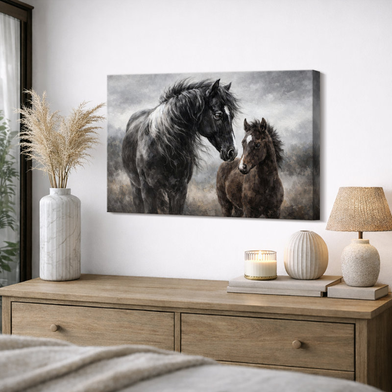 Illustration de chevaux sauvages, mère et poulain dans la nature, impression sur toile encadrée, H 16 po x l 24 po x P 1,5 po