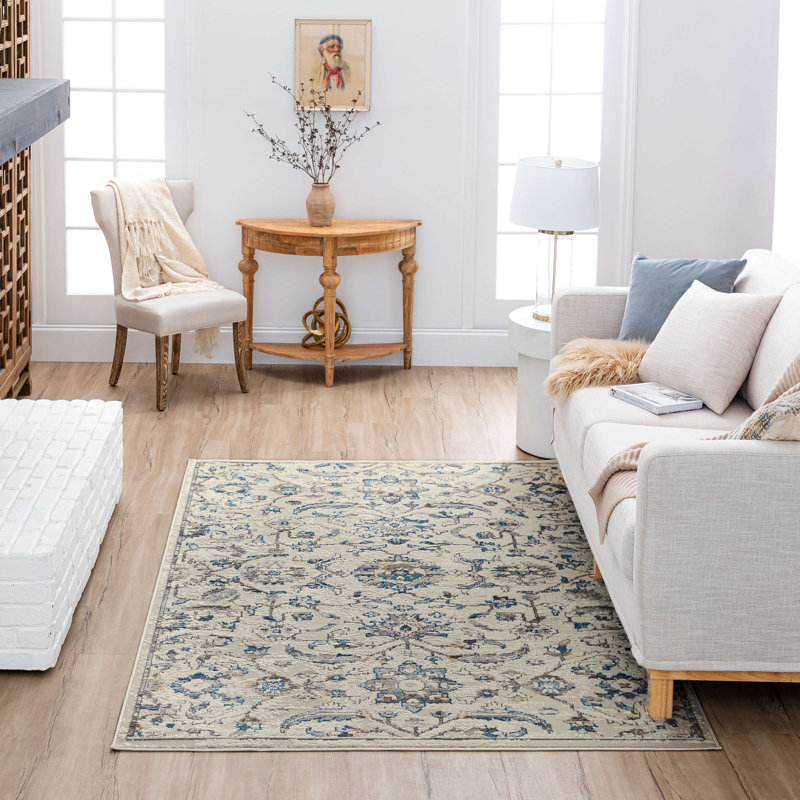 Margarida Blue Floral Ornamental Area Rug, Rectangle 7'10" x 10'
