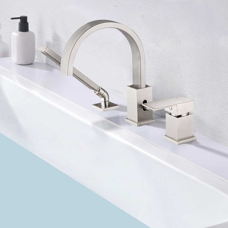 Stainless Steel 3-hole Waterfall Roman Bath Tub Faucets With Sprayer,deck Mount,handheld Hand Shower Sprayer With Valve