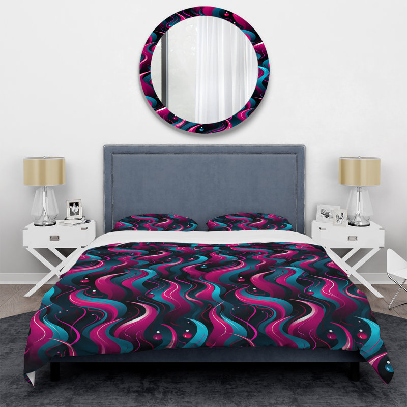 Ensemble de housse de couette à vagues roses et bleues rétro, Housse de couette pour très grand lit et 2 très