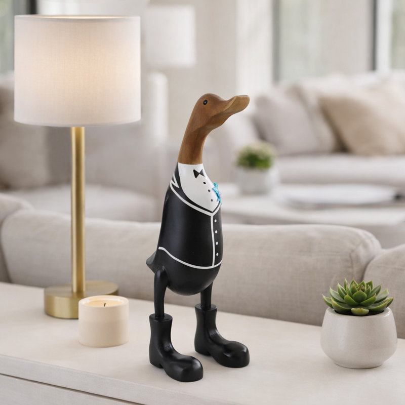 Decorative Wooden Wedding Duck Figurine Sculpture - Unique Decorative Object Statue For Table Accent, Living Room Decoration, Or Home Decor -16"