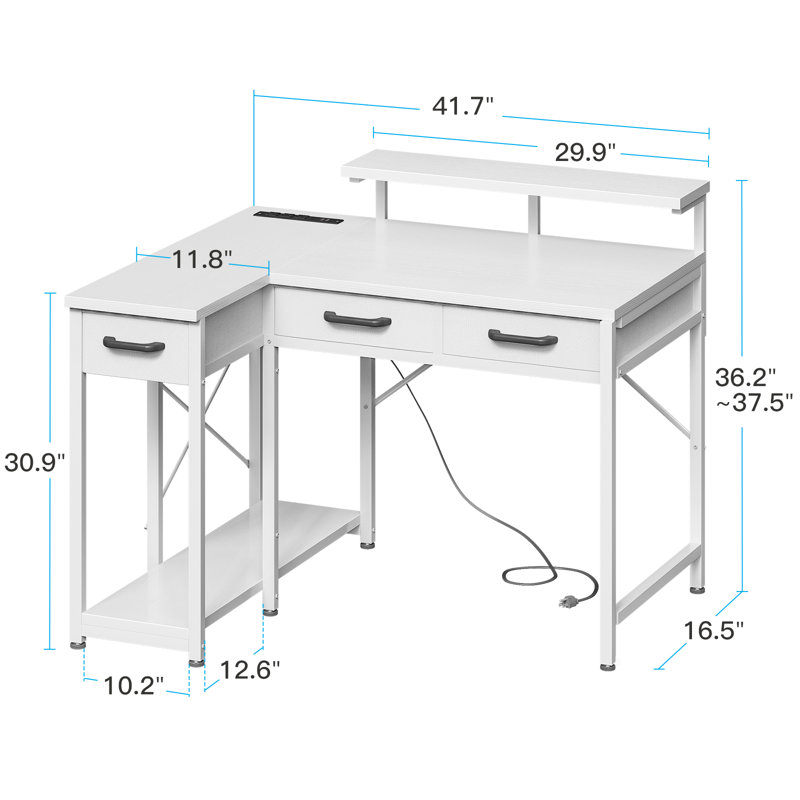 Reversible Desk With Monitor Shelf, L-shaped Desk With 3-tier Under-desk Drawers, Computer Desk With Led Light Strips, Writing Desk With Cpu Stand, Home Office Desk With Recessed Power Outlet